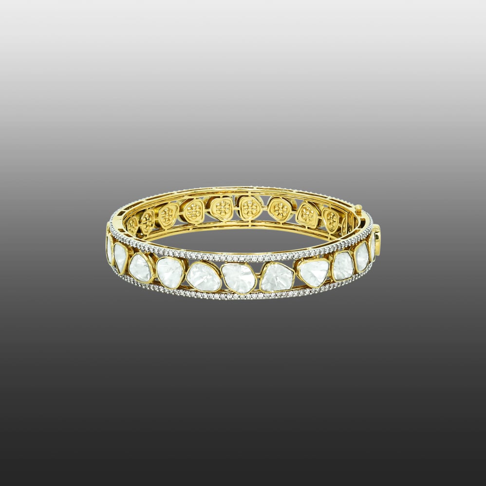 Linear Polki Bangle with Full-Cut Diamond Borders